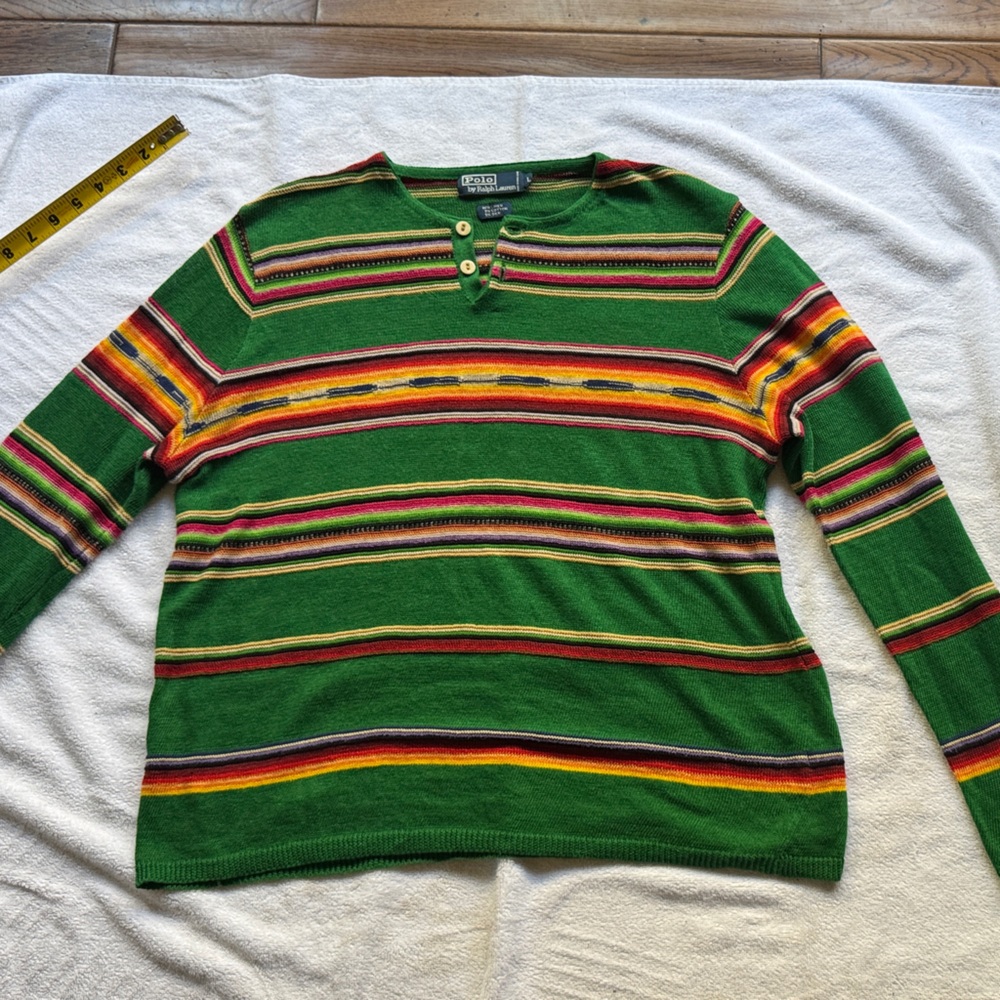 Polo by Ralph Lauren Green Striped V-Neck Sweater